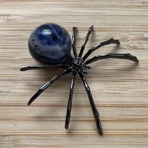 Metal Spider Figurine Blue Stone Body Gothic Decor Halloween Oddity Desk Art